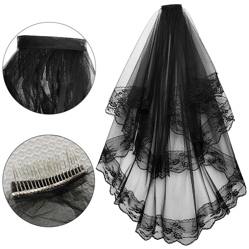 
                      
                        Elegant Two Layers Short Lace Bridal Veil Black White Wedding Veils with Comb
                      
                    