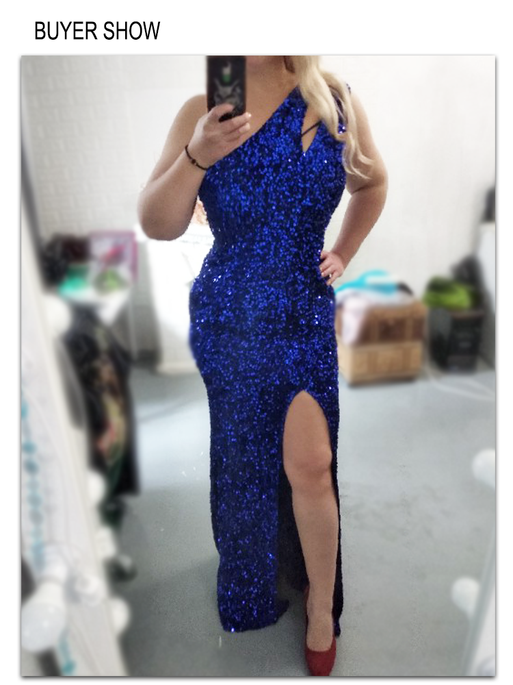 
                      
                        Shiny Royal Blue Hollow Out Cocktail Gown Stretchy Slit Leg One Shoulder Dress
                      
                    