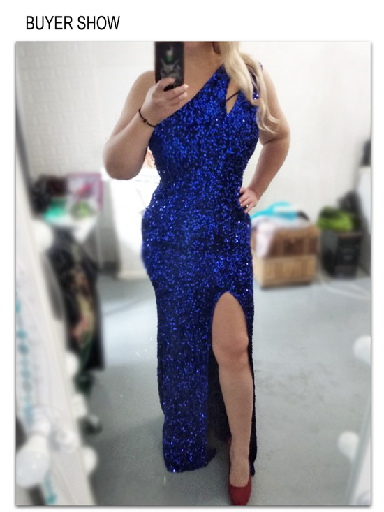 Shiny Royal Blue Hollow Out Cocktail Gown Stretchy Slit Leg One Shoulder Dress
