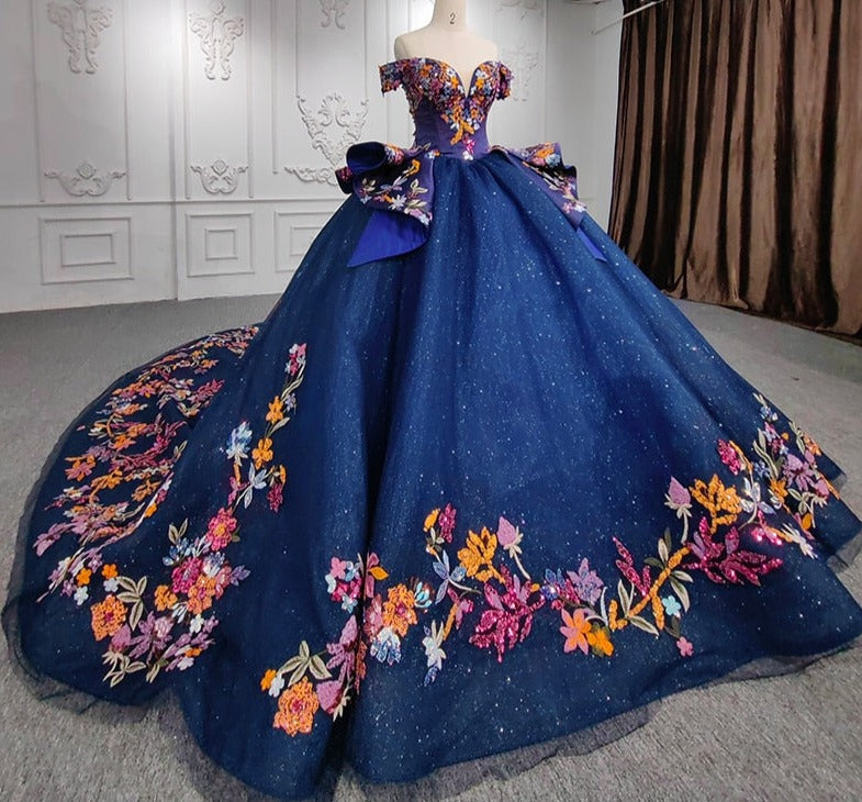 Quinceanera Flower Ball Gown Crystal Blue Sequined Dress