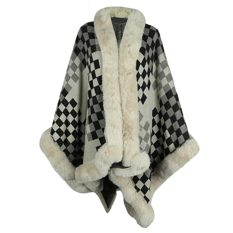 Rhombus Plaid Fur Collar Cape Coat For Women Cardigan Poncho