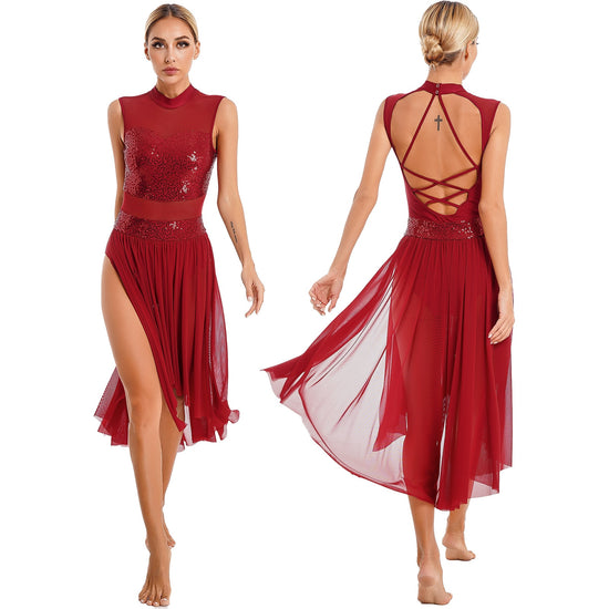 Women Lyrical Dress Modern Contemporary Dance Costume One Shoulder Flowy  Overlay Dress