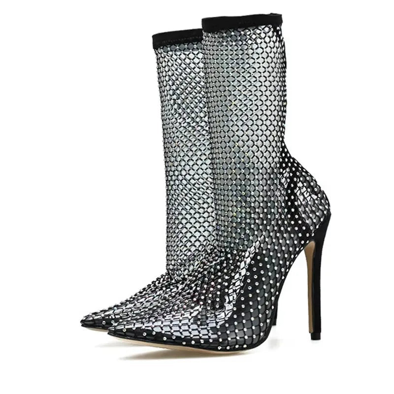 
                      
                        Crystal Rhinestone Mesh Stretch Fabric Sock Boots Fashion Transparent High Heels
                      
                    