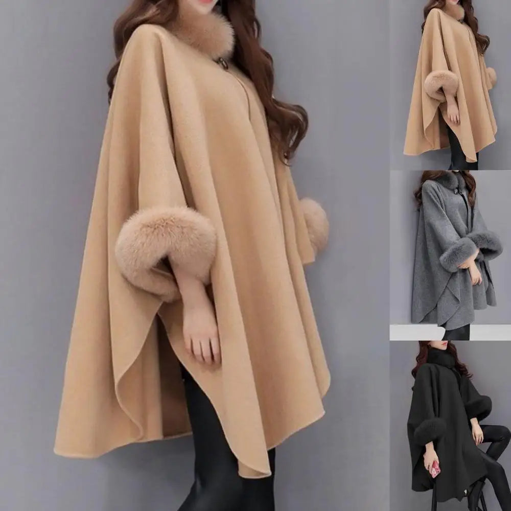 
                      
                        Ladies Cape Coat Solid Color Faux Fur Collar Autumn Winter Warm Loose Mid Length Poncho
                      
                    