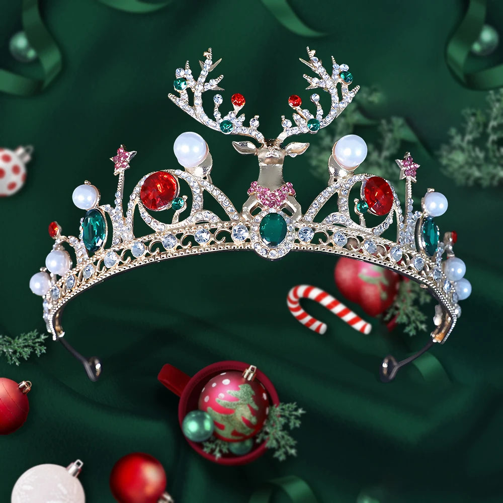 
                      
                        Decorative tiara with reindeer design on a festive green background with Christmas ornaments.
                      
                    
