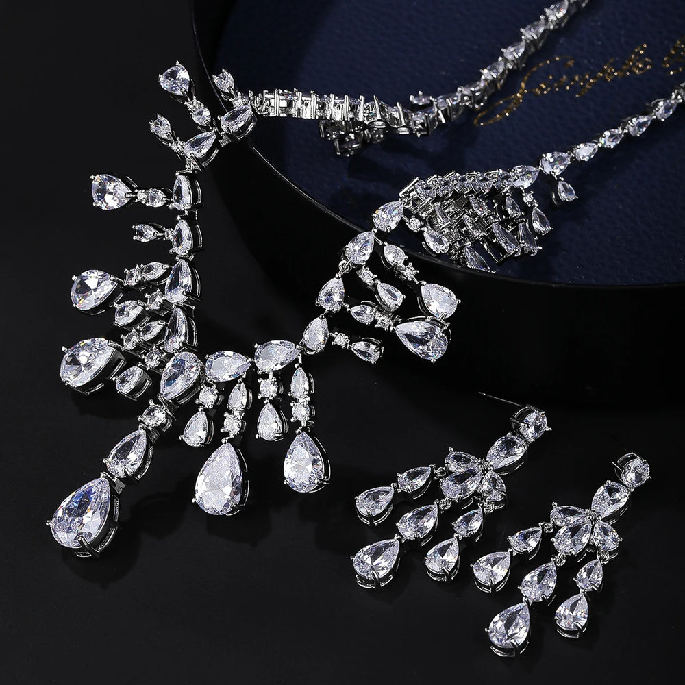 
                      
                        Silver Color Cubic Zirconia Bridal Party Wedding Necklace Earrings Jewelry Set
                      
                    