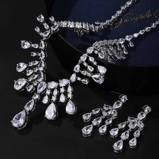 Silver Color Cubic Zirconia Bridal Party Wedding Necklace Earrings Jewelry Set