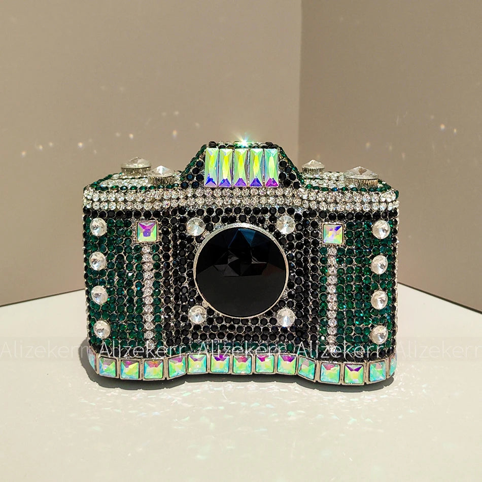 
                      
                        Novelty Crystal Camera Clutch Purse  Evening Boutique Metallic Purse, capture attention in this exquisite camera-shaped evening clutch
                      
                    