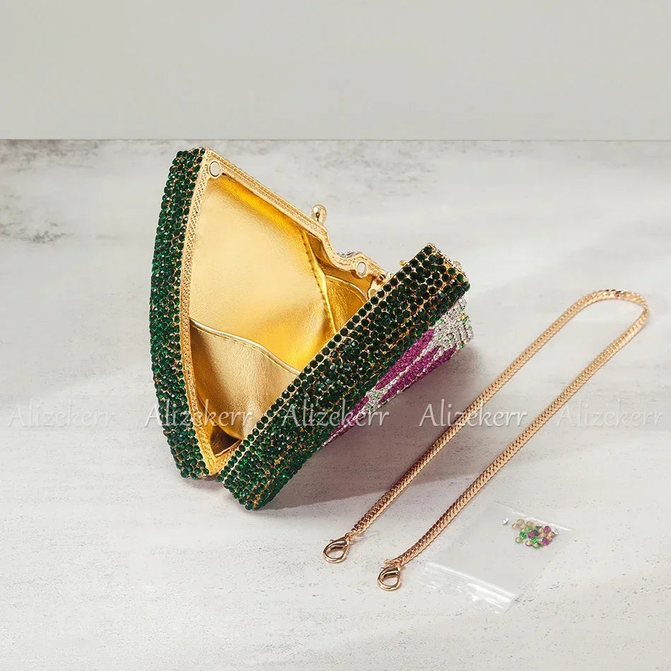 
                      
                        Crystal Pizza Slice Purse Mini Evening Metallic Rhinestone Purse, elevate your evening with this whimsical pizza slice clutch, a conversation-starting accessory
                      
                    