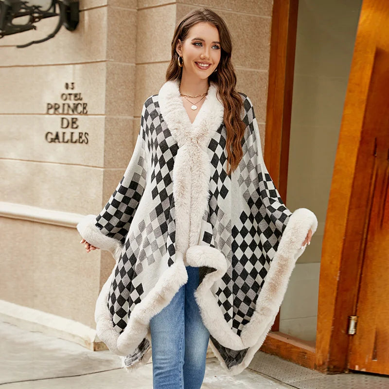 
                      
                        Rhombus Plaid Fur Collar Cape Coat For Women Cardigan Poncho
                      
                    