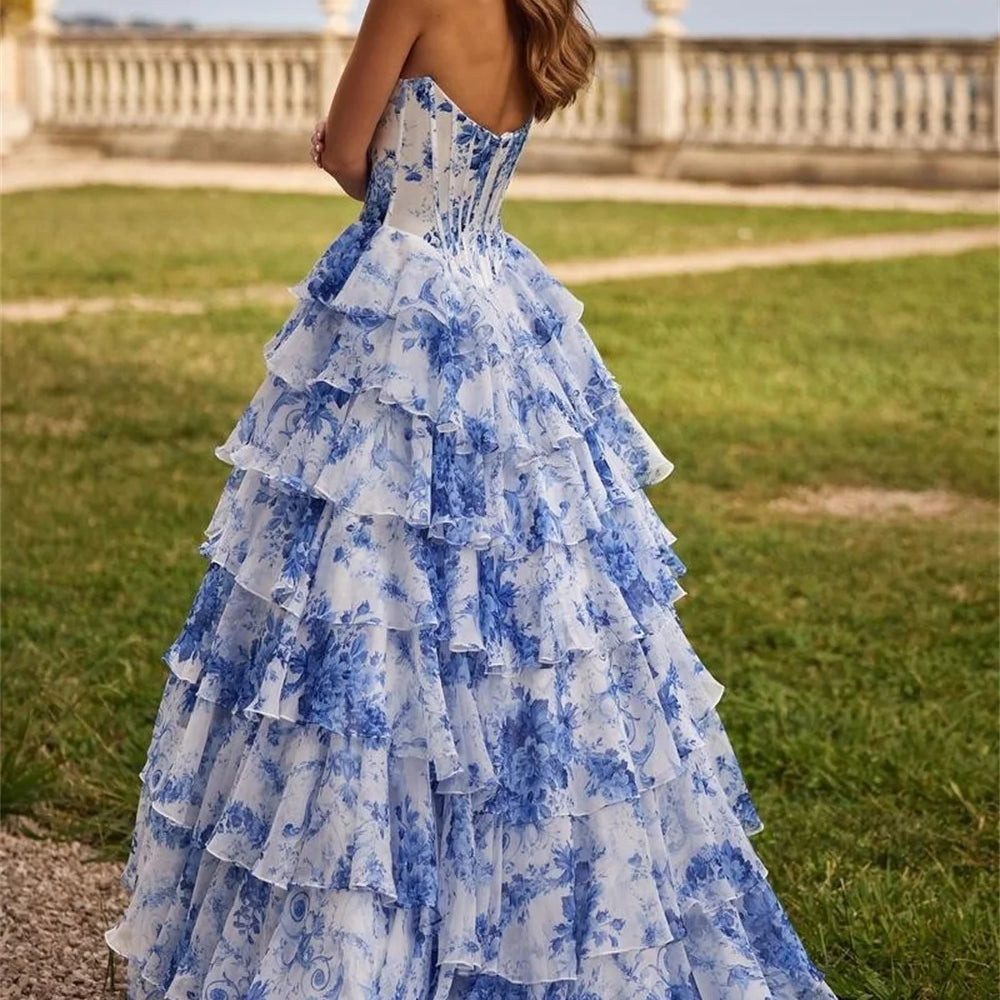 Strapless Floral Print Tiered Ruffle Floor-Length Evening Dress