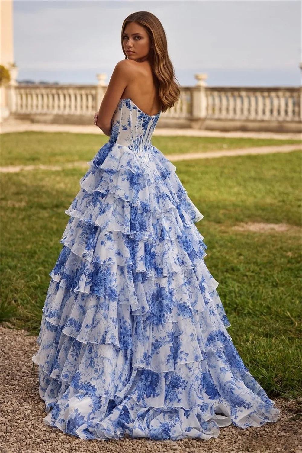 Strapless Floral Print Tiered Ruffle Floor-Length Evening Dress