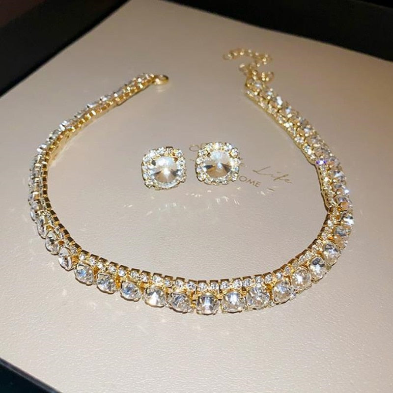 Fyuan Jewelry Store Luxury Necklace Earrings Sets Crystal Weddings Bridal Jewelry Accessories Silver