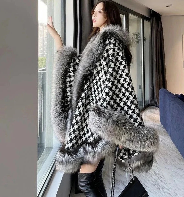 Poncho Warm Houndstooth Knitted Cloak With Fur Trim Faux Silver Fox Fur Cape