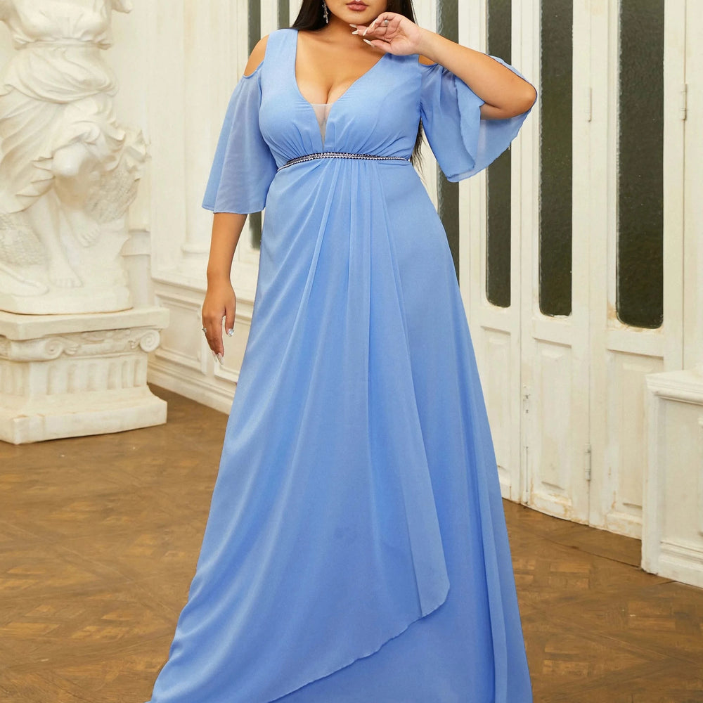 
                      
                        Blue Chiffon Plus Size Party Dress Elegant V Neck Half Flare Sleeve A-line Evening Gown
                      
                    