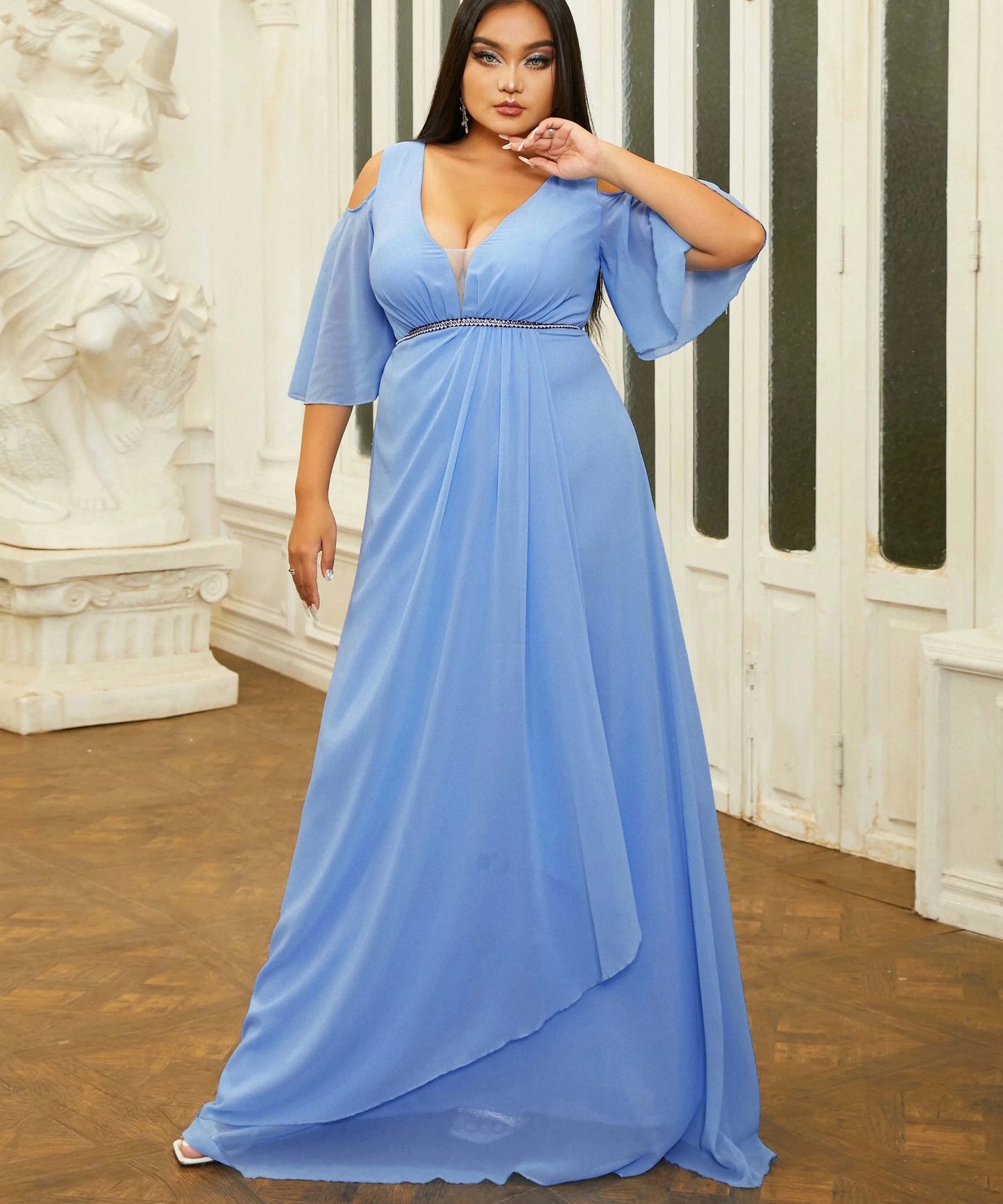 Blue Chiffon Plus Size Party Dress Elegant V Neck Half Flare Sleeve A-line Evening Gown
