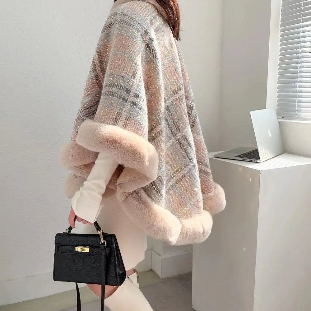 Winter Poncho Shawl Cloak Faux Fur Collar  Loose Cape  Streetwear Coats