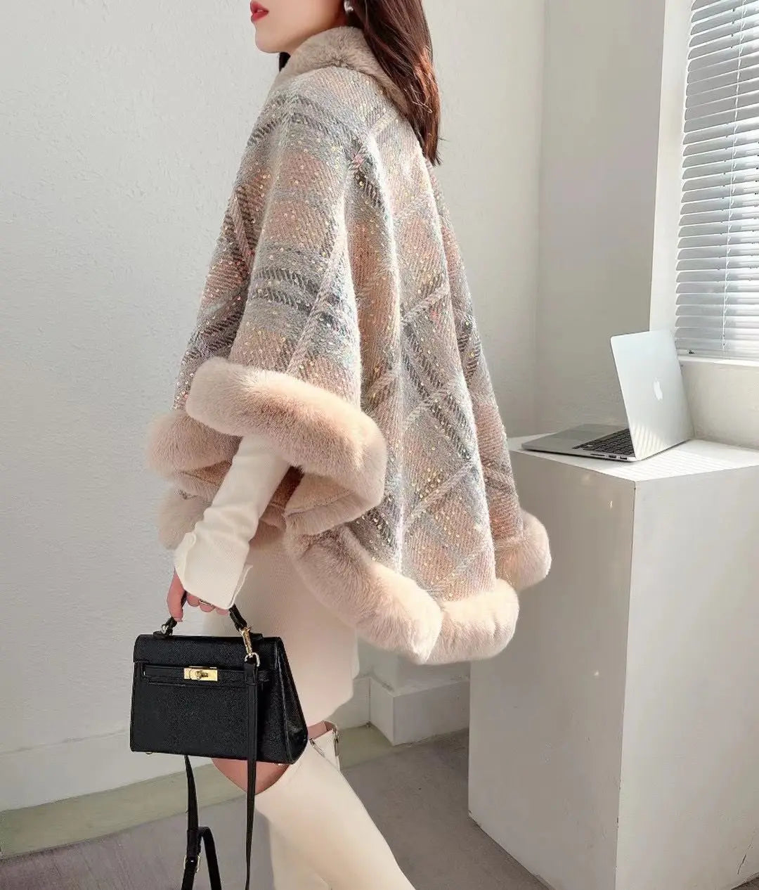 Winter Poncho Shawl Cloak Faux Fur Collar  Loose Cape  Streetwear Coats