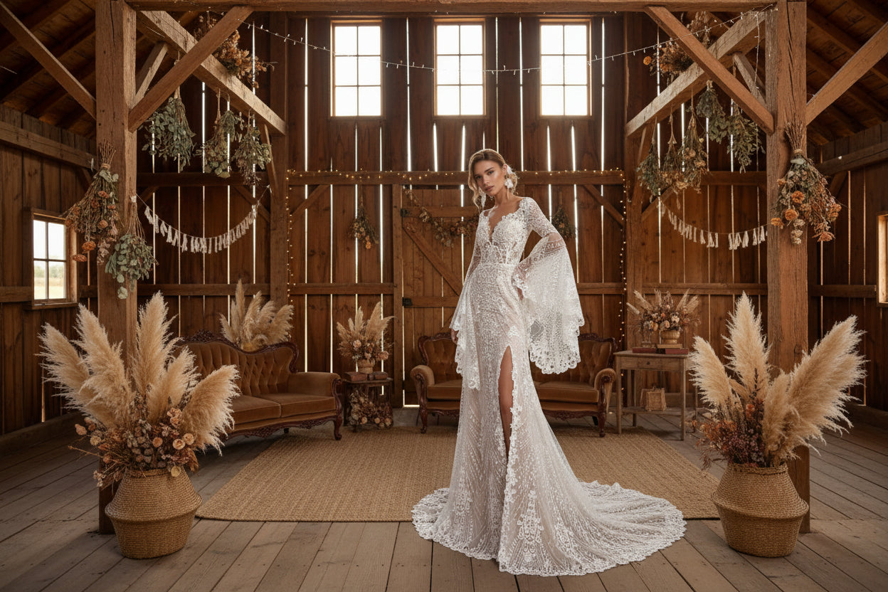 Bohemian Wedding Dress Long Flare Sleeve Side Slit Champagne Lining