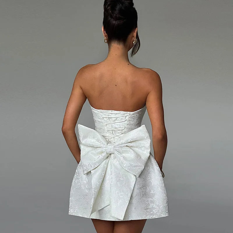 Elegant Strapless Bow Jacquard Short Corset Backless Dress