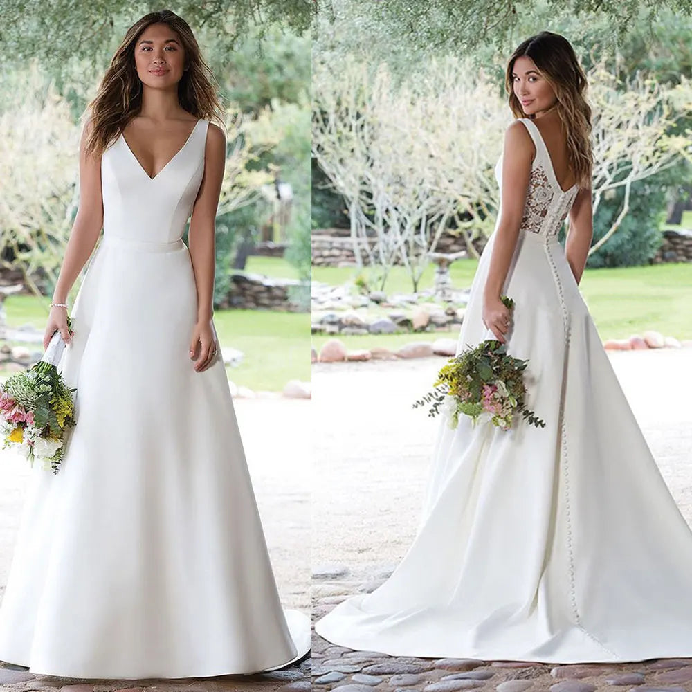 Boho Wedding Dress A-Line V-Neck Satin Simple Sleeveless Bridal Gown, Walk down the aisle in effortless elegance 