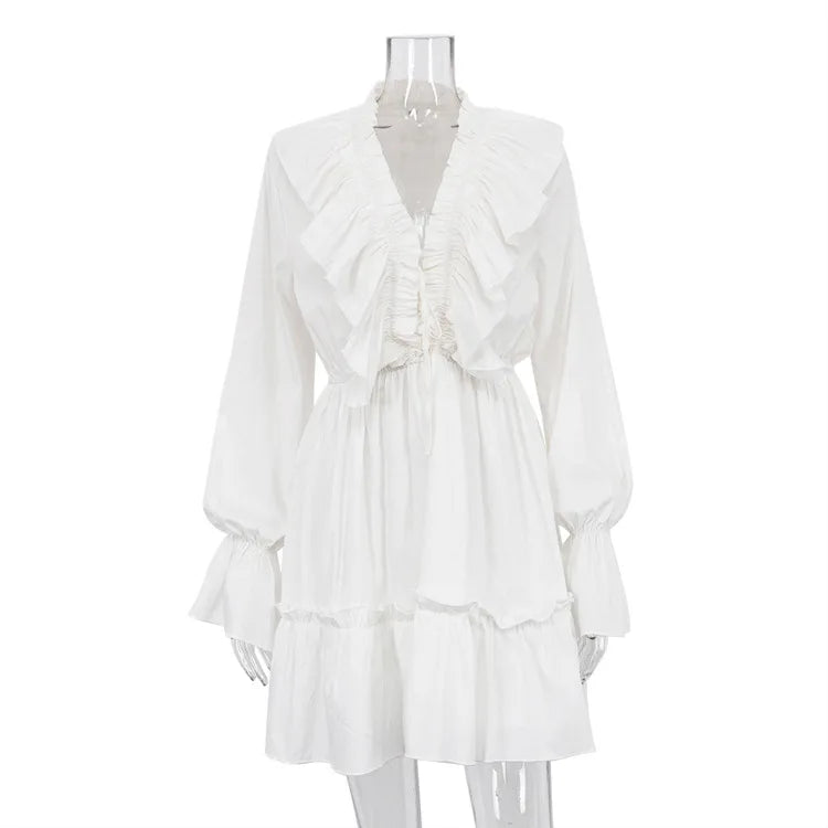 
                      
                        Ruffled V-Neck White Mini Dress
                      
                    