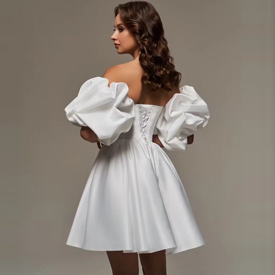 Short A-Line Wedding Dress Satin Sweetheart Puff Short Sleeves