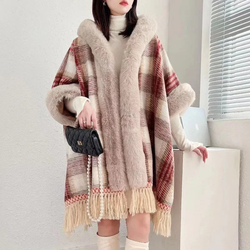 
                      
                        Women's Hooded Fleece-lined Thickened Loose-fit Cardigan Grid Pattern Woolen Fringe Jacket
                      
                    