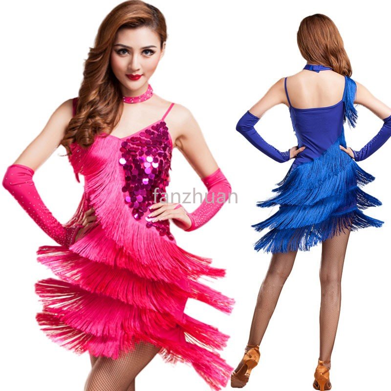 Latin Dance Costume Adult Fringe Sequin Dress Professional Dancing Tassel Dress