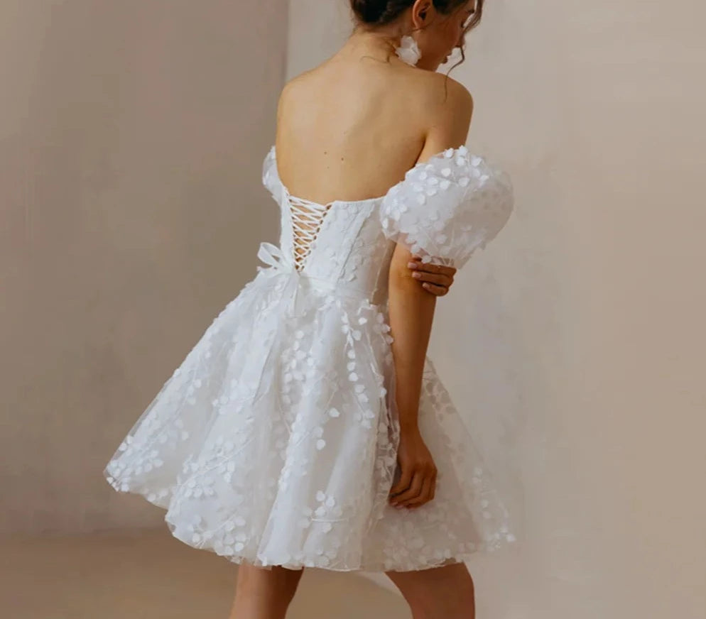 
                      
                        Lace Short Wedding Dress Puff Sleeves A Line Bridal Mini Dress
                      
                    