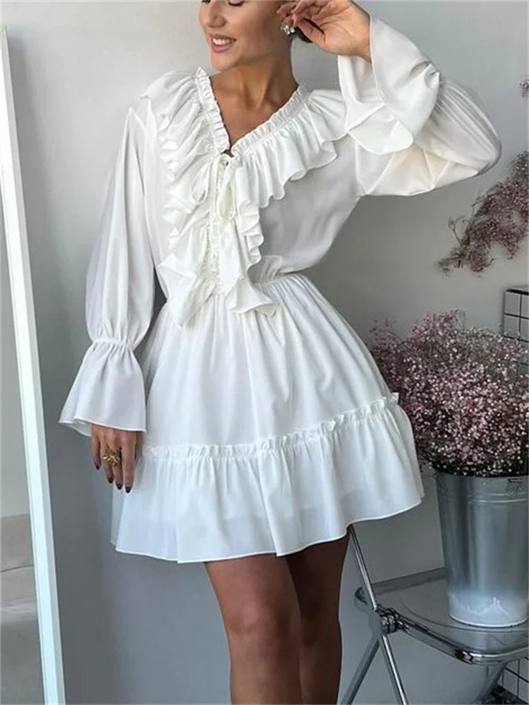 Ruffled V-Neck White Mini Dress