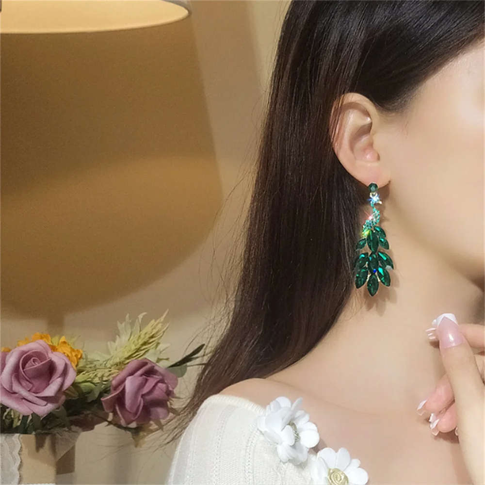 Vintage Green Peacock Crystal Earrings for Women Long Tassel Earring