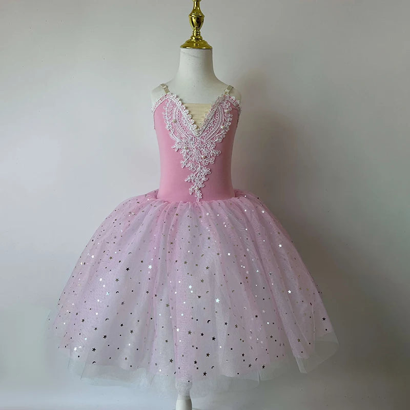 Girls Ballet Skirt Sequins Professional Tutu Long Dress Dance Costume