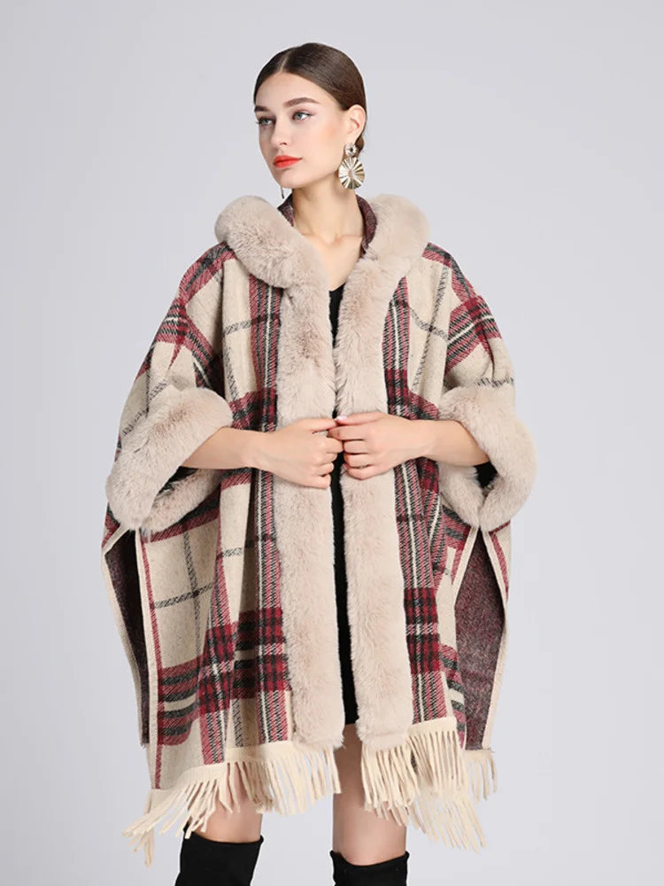 
                      
                        Hooded Plaid Poncho Imitation Rabbit Fur Cardigans Coats
                      
                    