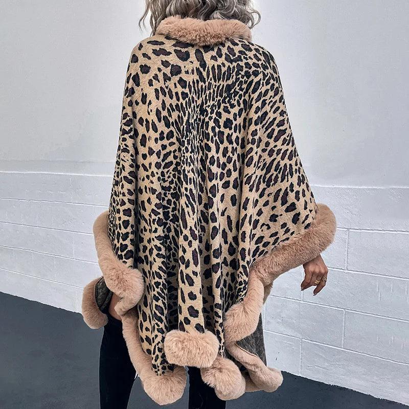 Winter Warm Poncho Fur Collar Cape Coat Vintage Leopard Batwing Shawl