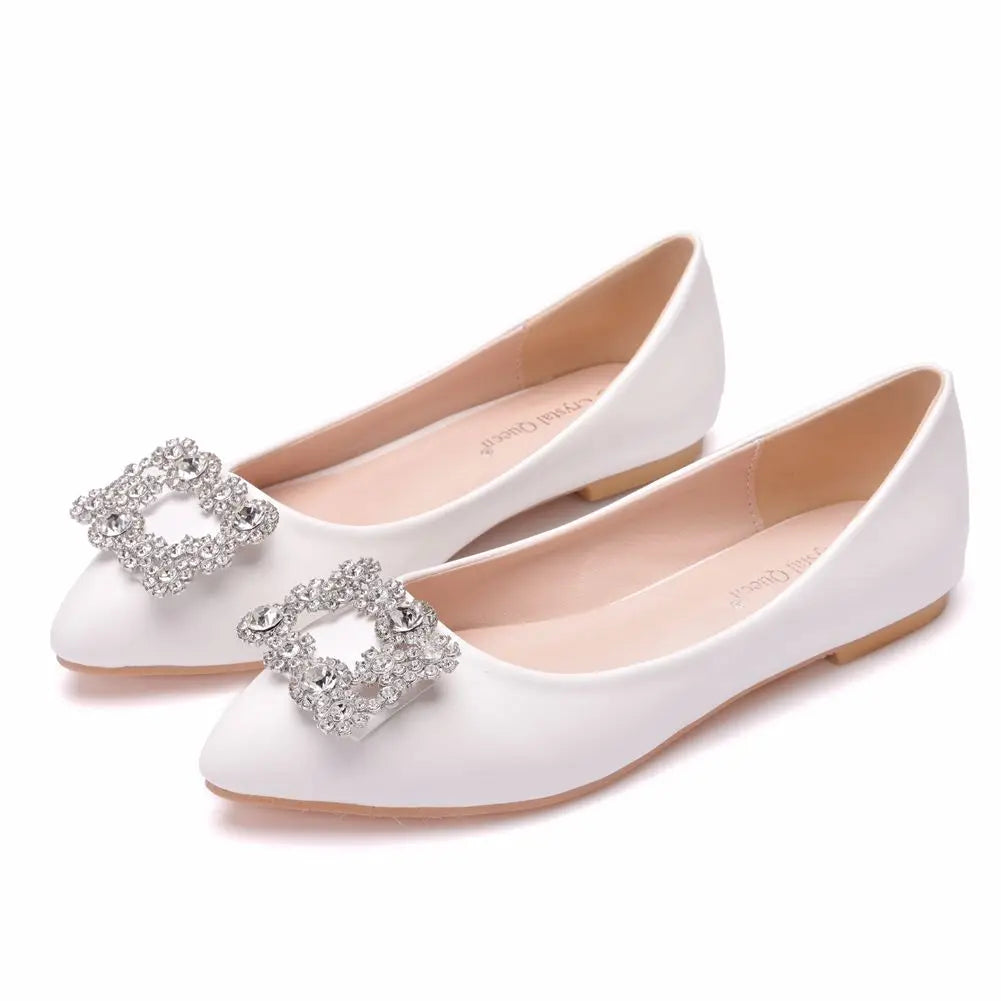 White Pointed Toe Rhinestone Metal Decoration Flats Casual Ladies Party Shoes