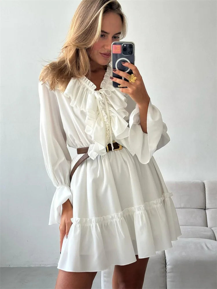 
                      
                        Ruffled V-Neck White Mini Dress
                      
                    