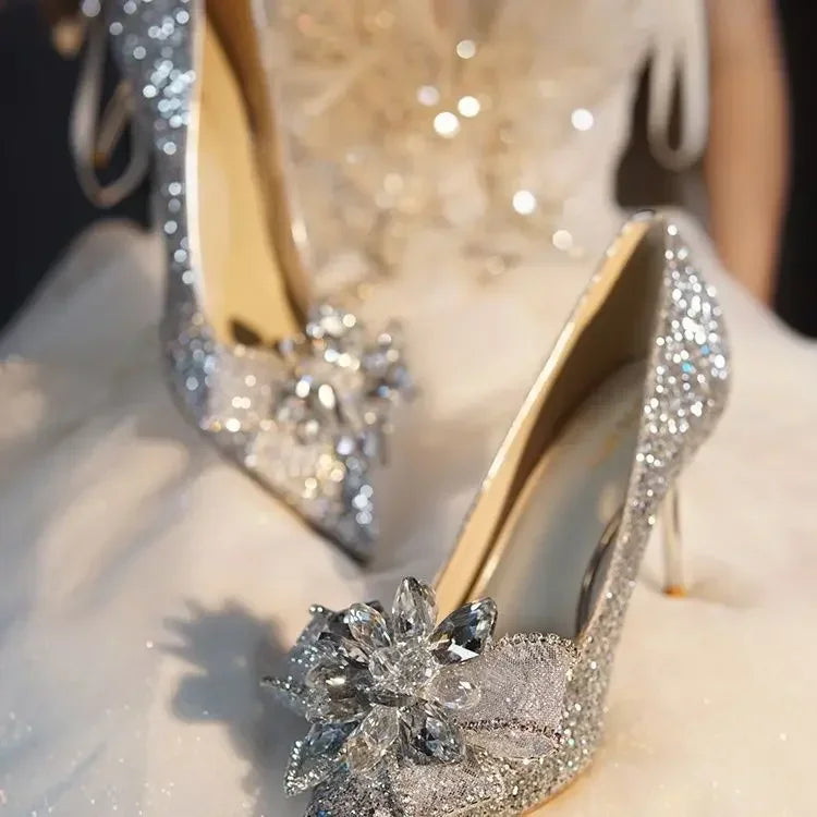 French Crystal Silver High Heel Shoes Pointed Toe Pumps