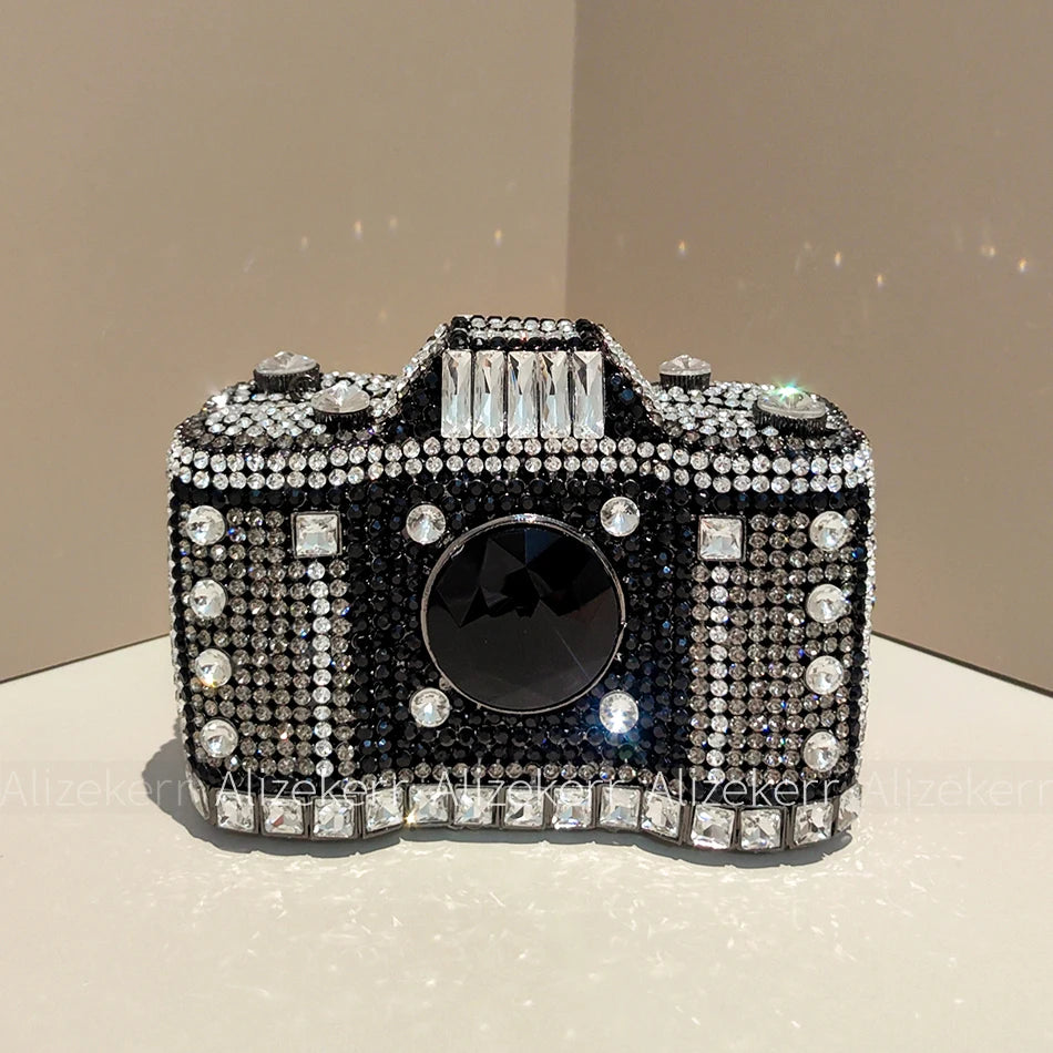
                      
                        Novelty Crystal Camera Clutch Purse  Evening Boutique Metallic Purse, capture attention in this exquisite camera-shaped evening clutch
                      
                    