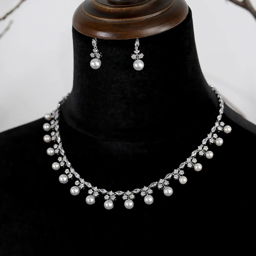 
                      
                        Gorgeous Cubic Zirconia Pearl Choker Necklace Earring Jewelry Set for Women
                      
                    