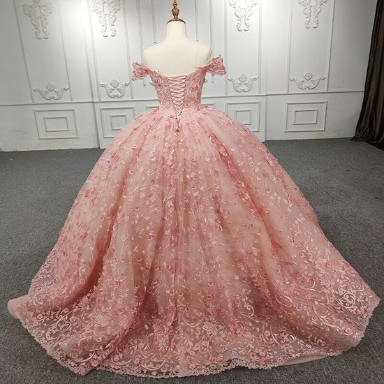 Quinceanera Ball Gown Pink Flower Dress
