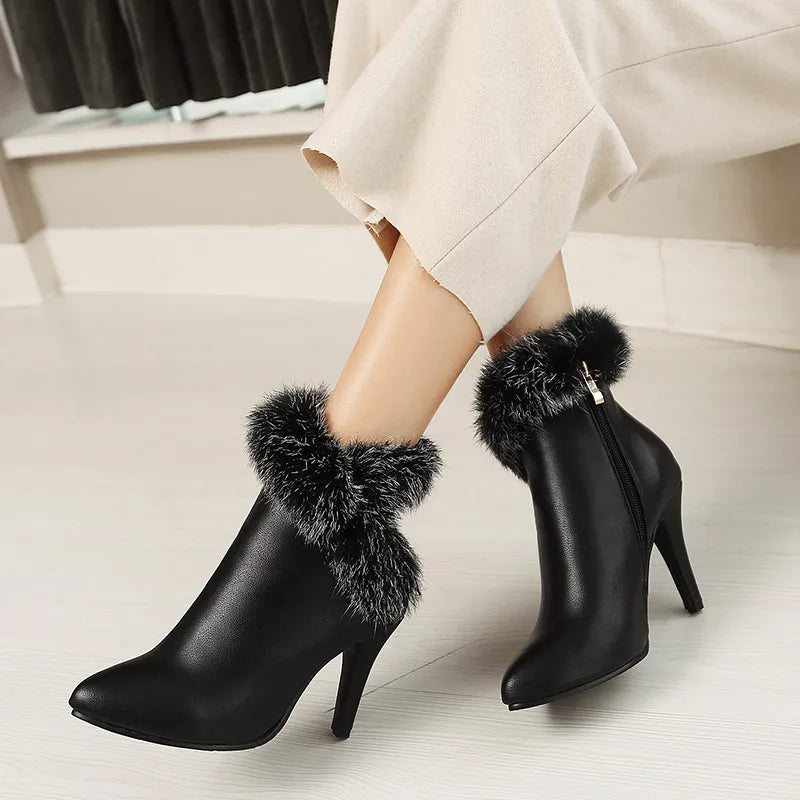 Thin High Heel Ankle Boots Ladies Faux Fur Fringe Fashion Party Wedding Shoes