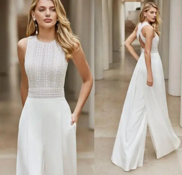 Backless Jumpsuit Wedding Sheath Scoop Chiffon Lace Beach Bridal