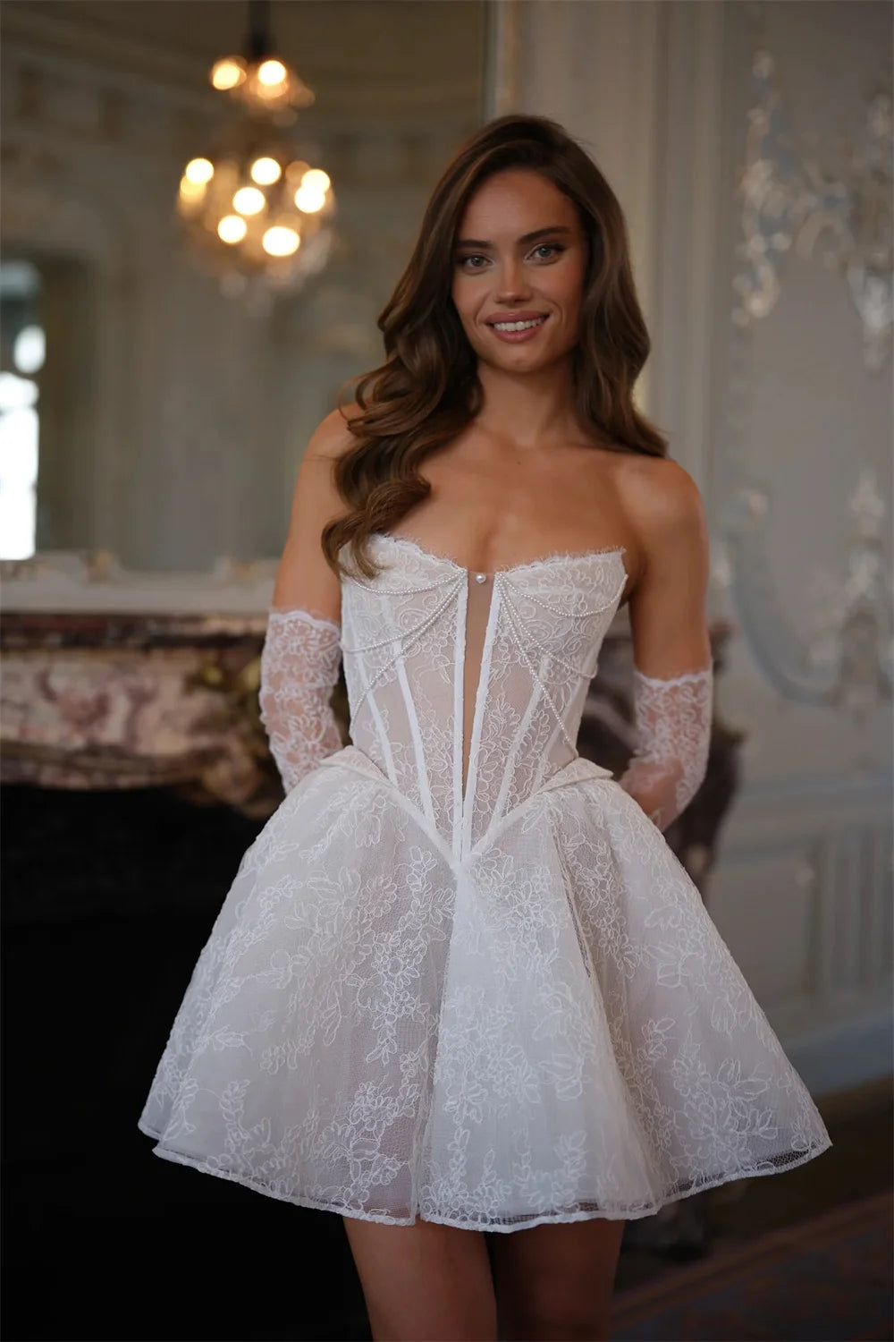 White Mini Wedding Dress Detachable Sleeves A-Line Bridal Gown, Say "I do" to effortless elegance with this flirty mini bridal gown.