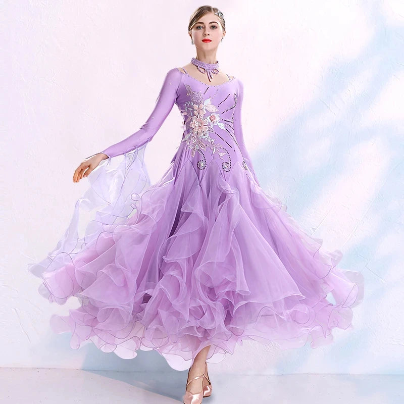 V Neck Fluffy Hemline Standard Ballroom Dress For Ballroom Dance Competition