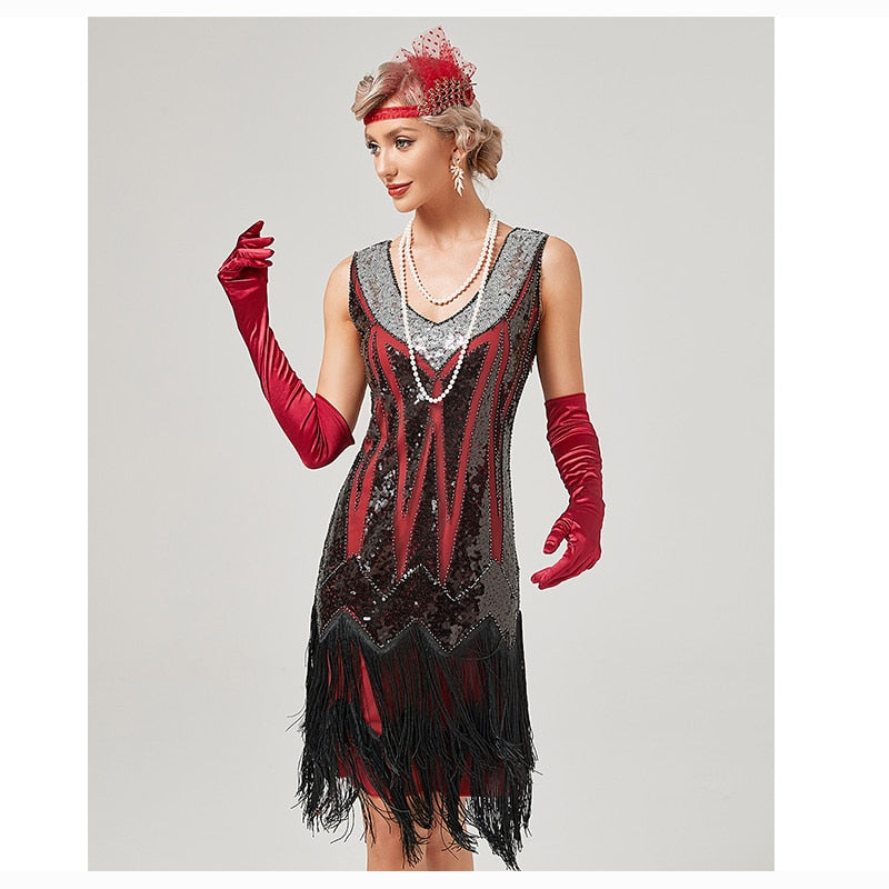 1920s V Neck Gatsby Inspired Sequin Beaded Fringed Paisley Flapper Dress  with Sleeve 20s Accessories Set, Style Vintage 5 Black, Small : Amazon.in:  Clothing & Accessories