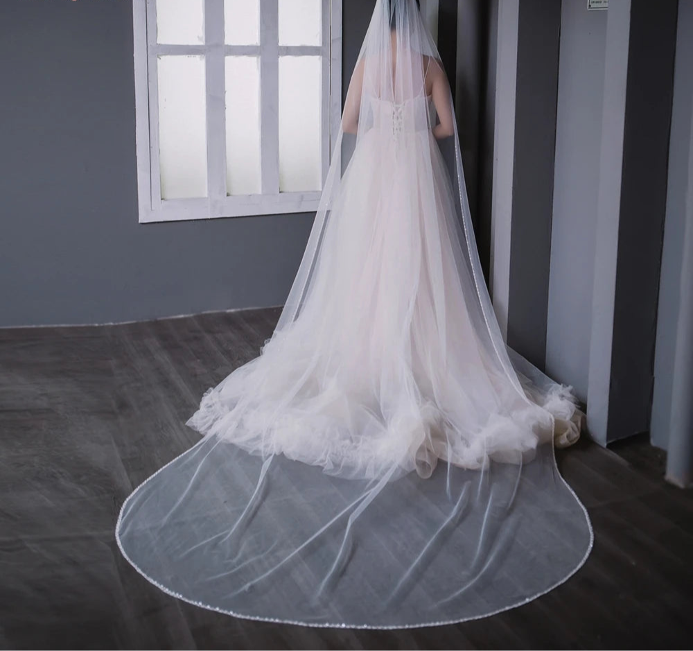 
                      
                        Long white wedding veil on a mannequin against a windowed wall.
                      
                    
