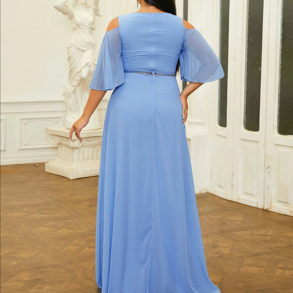 Blue Chiffon Plus Size Party Dress Elegant V Neck Half Flare Sleeve A-line Evening Gown