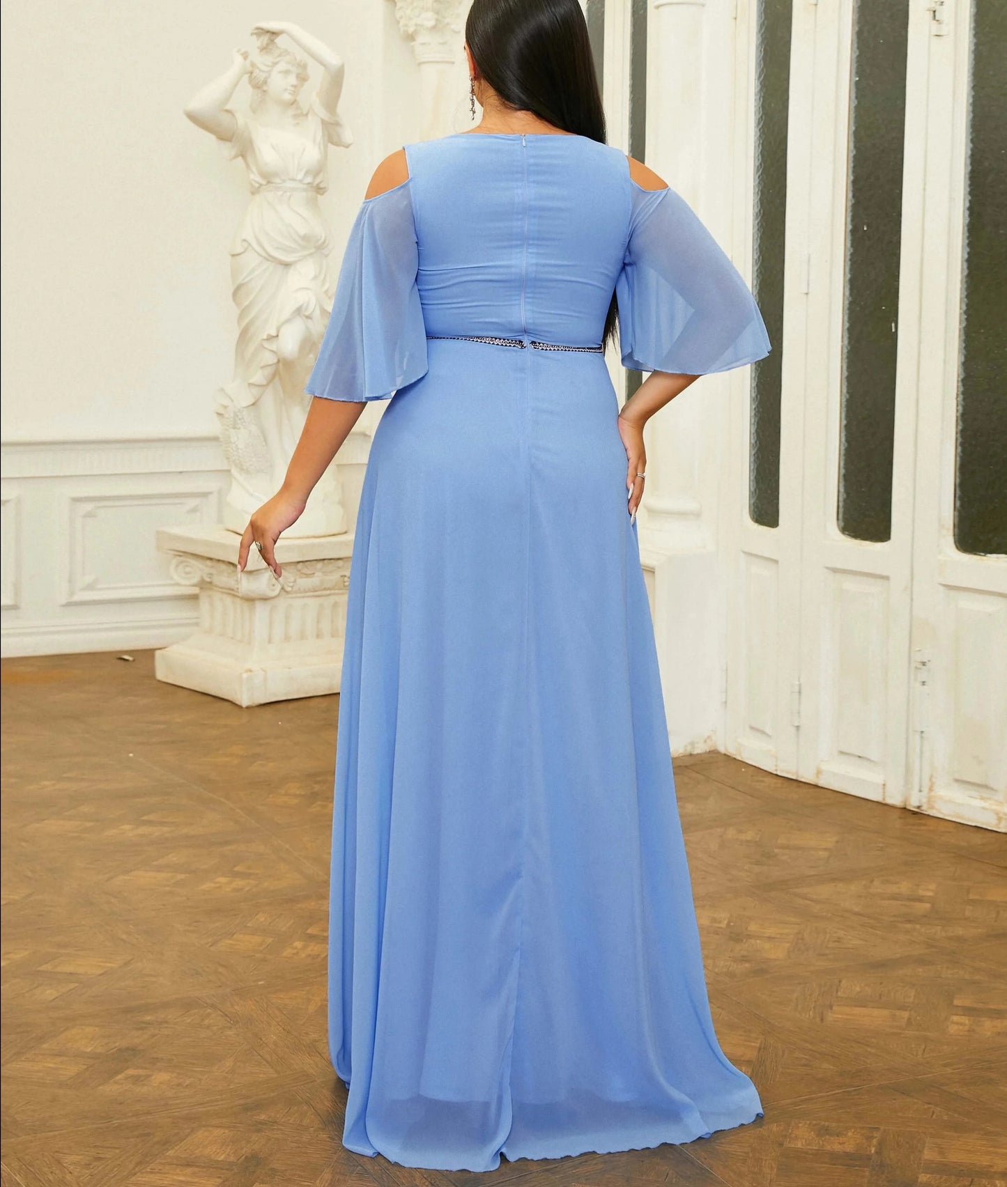 Blue Chiffon Plus Size Party Dress Elegant V Neck Half Flare Sleeve A-line Evening Gown