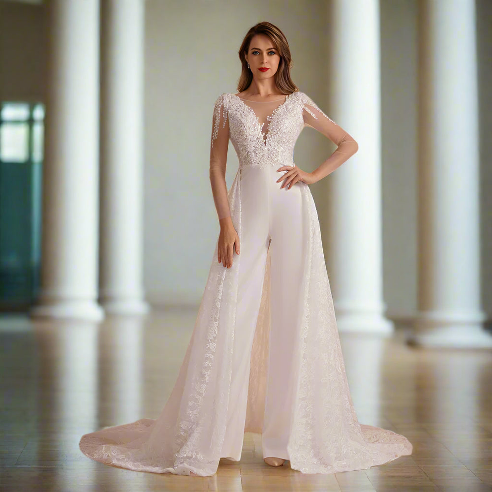 Lace White Jumpsuit With Detachable Skirt Wedding Jumpsuit With